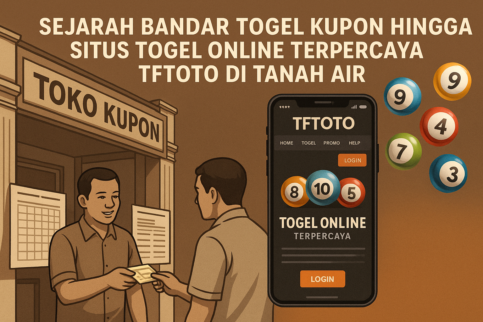 Ilustrasi perjalanan sejarah togel di Indonesia, mulai dari bandar togel kupon tradisional di toko kupon hingga transformasi ke situs togel online terpercaya TFTOTO, lengkap dengan tampilan aplikasi togel di smartphone dan bola angka warna-warni.